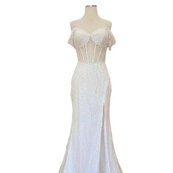 New Off Shoulder Long Ceremonial Sheath Gown w/ Sequins Embroidery & TL3043C - Picture 1 of 9
